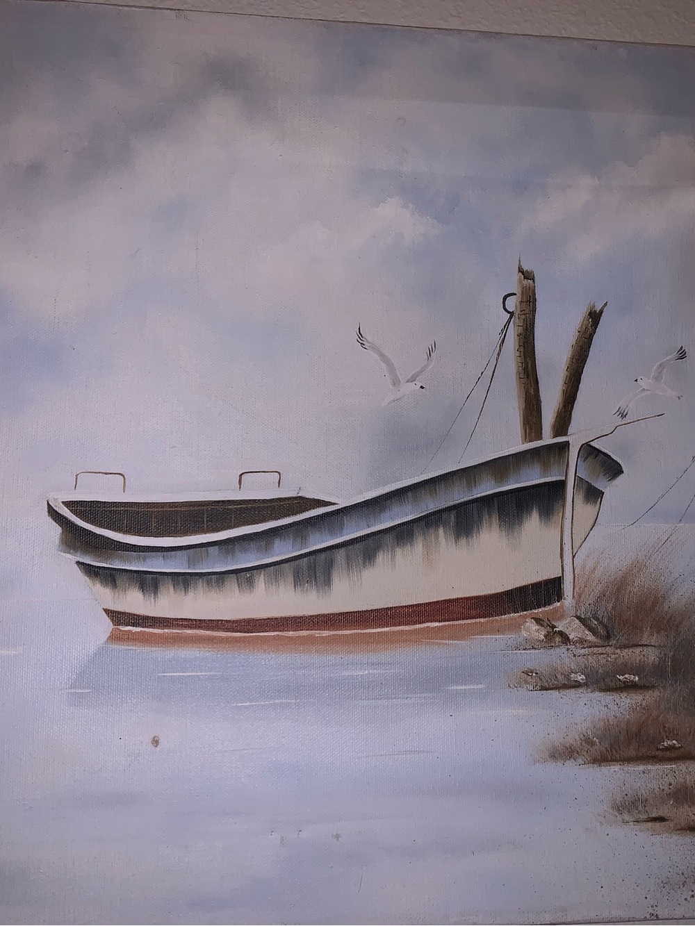 Seaside Boat Canvas Art Print in Blue and Brown